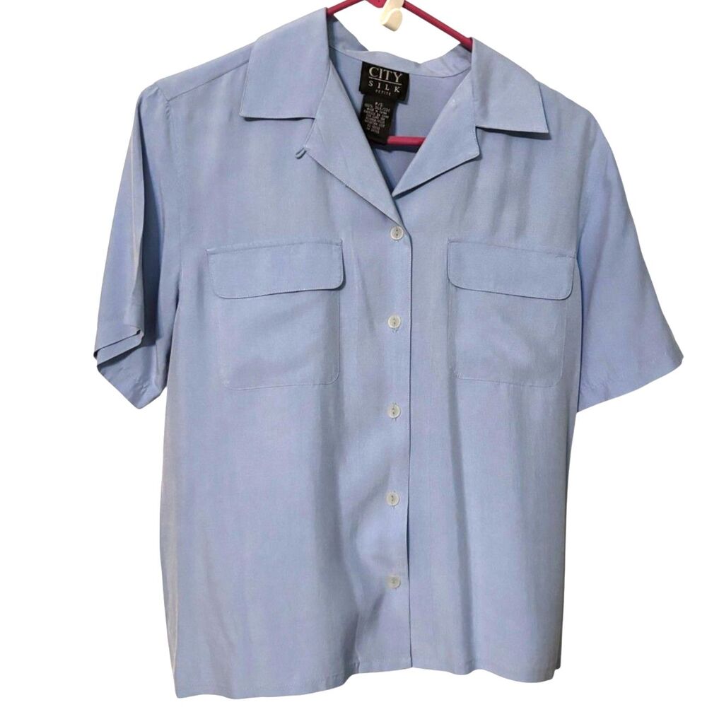 Vintage City Silk Petite 100% Silk Blue Button Front Blouse P/S